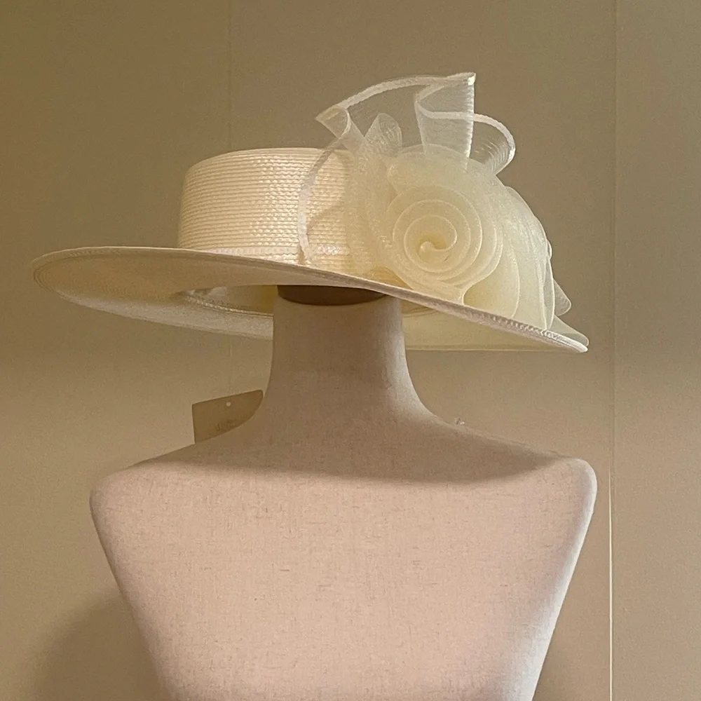 NWT Kathy Jeanne Kettle Hat With Bow Church Wedding Derby Party Ivory One Size - Picture 6 of 11
